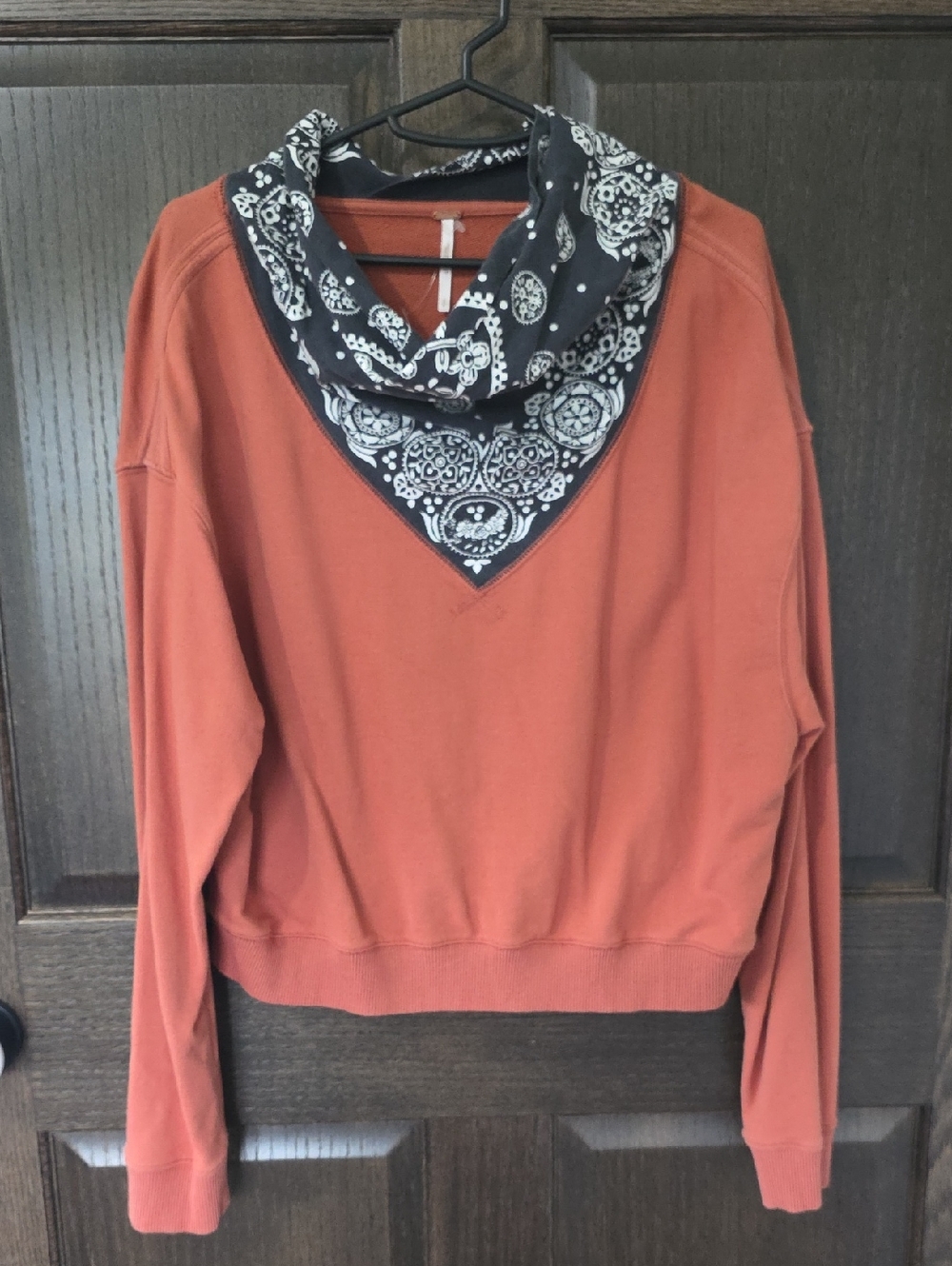 Free People Rust Orange Pullover with Paisley Bandana Accent